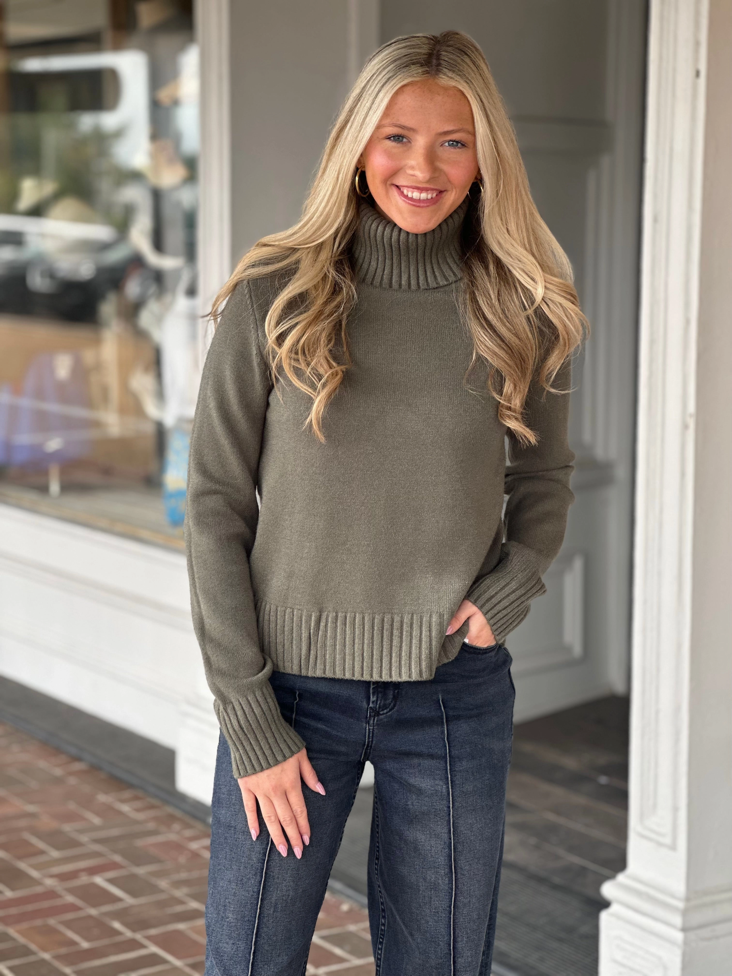 The Merritt Sweater in Olive Stylish Outfit