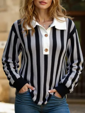 Solid color striped crew neck pullover sweater Classic Cut