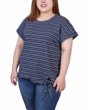 Plus Size Short Sleeve Tie Front Top Overlock Edging AthleisureReady