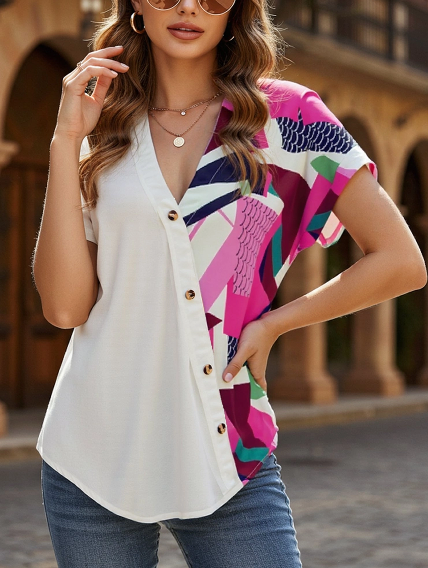 V-Neck Geometric Print Shoulder Loose Chiffon Top ??Lightweight & Breezy LowMaintenance Noise Reduced Zipper