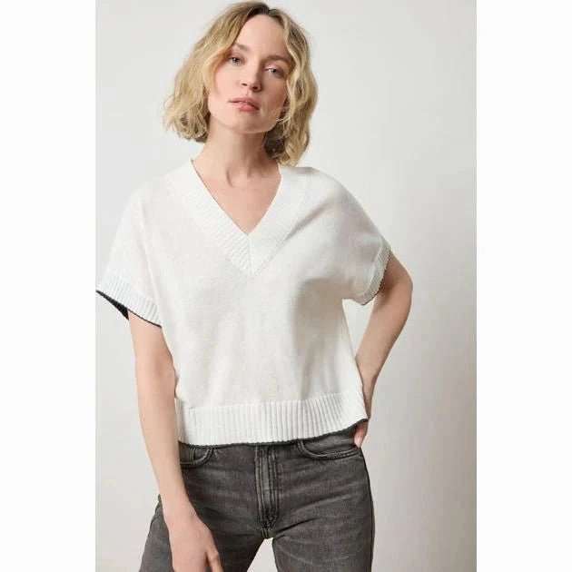 All Weather Performance Fabric Short Sleeve V-Neck Pullover Sweater Pearl