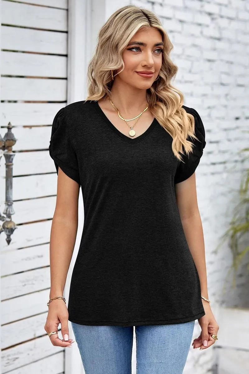 PlacketDetail Comfortable Style DRAPED PUFF SLEEVE WOMEN DAILY T SHIRTS