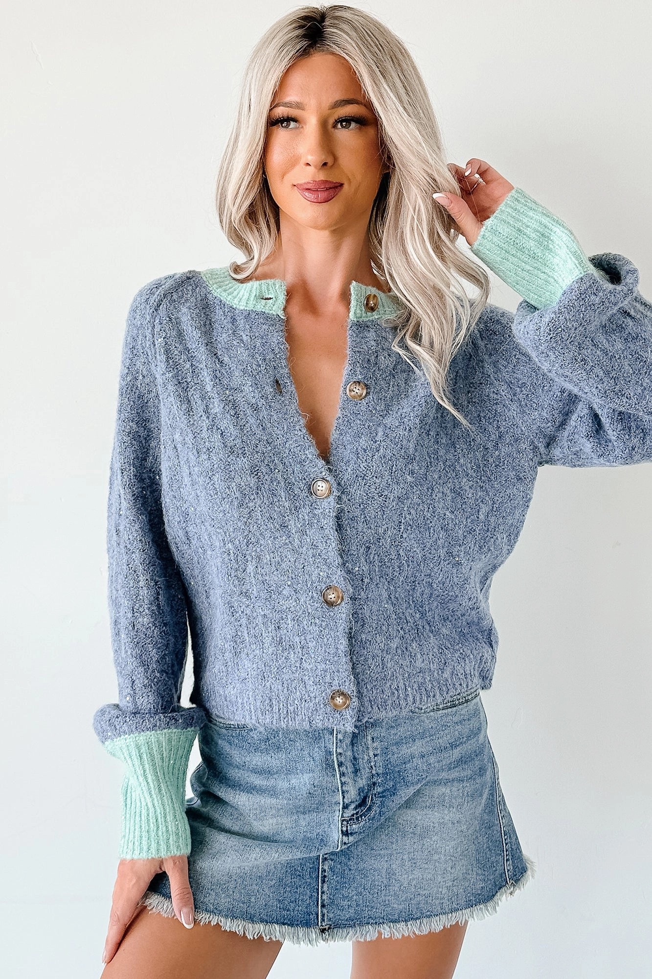 Daydream Zen Knit Contrast Glittery Cardigan (Blue) Reinforced Neckline