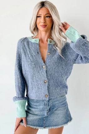 Relaxed Blouse Thermoregulating Fabric Daydream Zen Knit Contrast Glittery Cardigan (Blue)