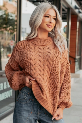 Things Change POL Cable Knit Sweater (Burnt Topaz) LayeredNeckline Rolled Hem Finish