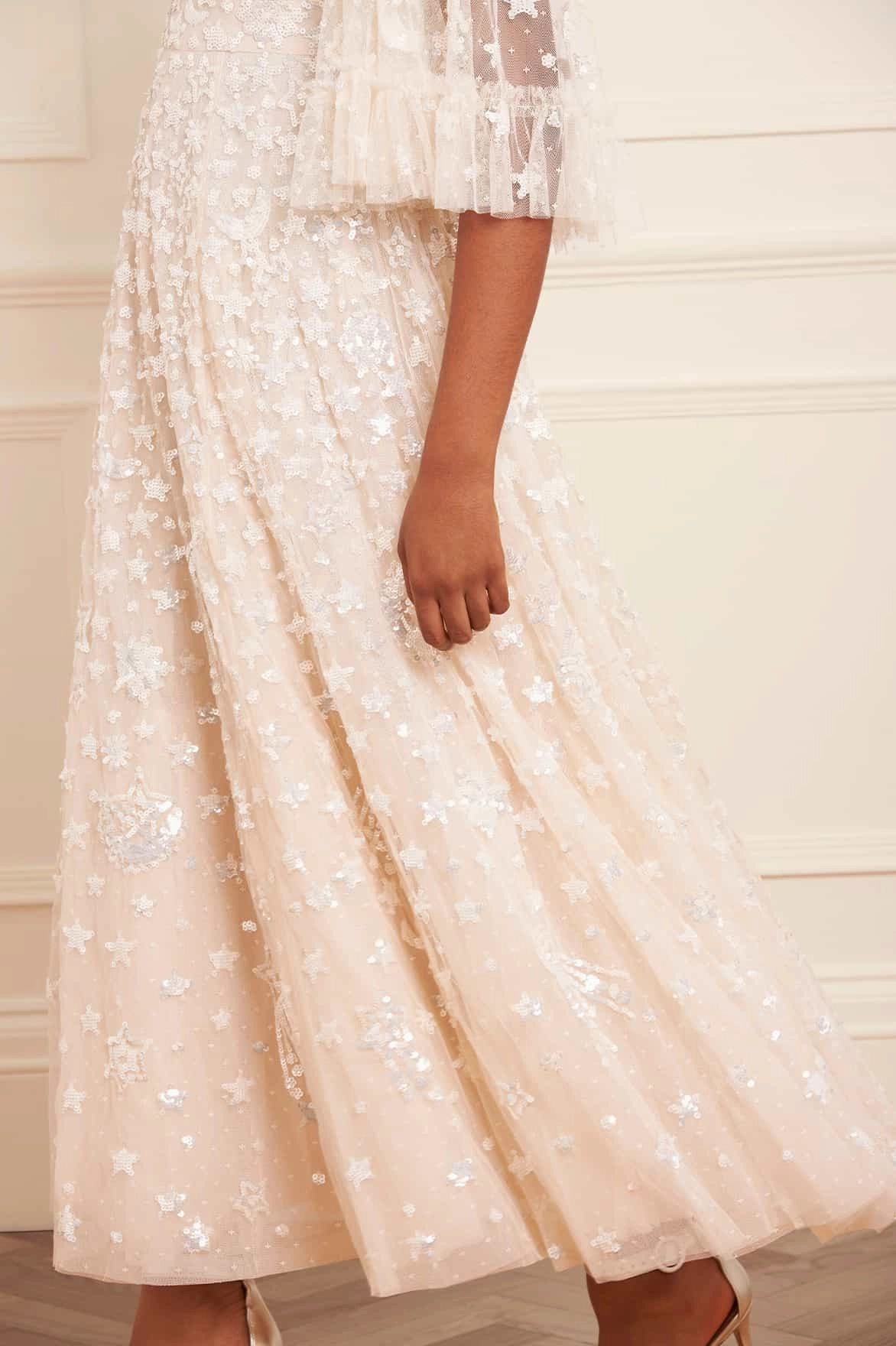 Constellation Gloss Ankle Gown Sheer Overlay Elastic-Waist