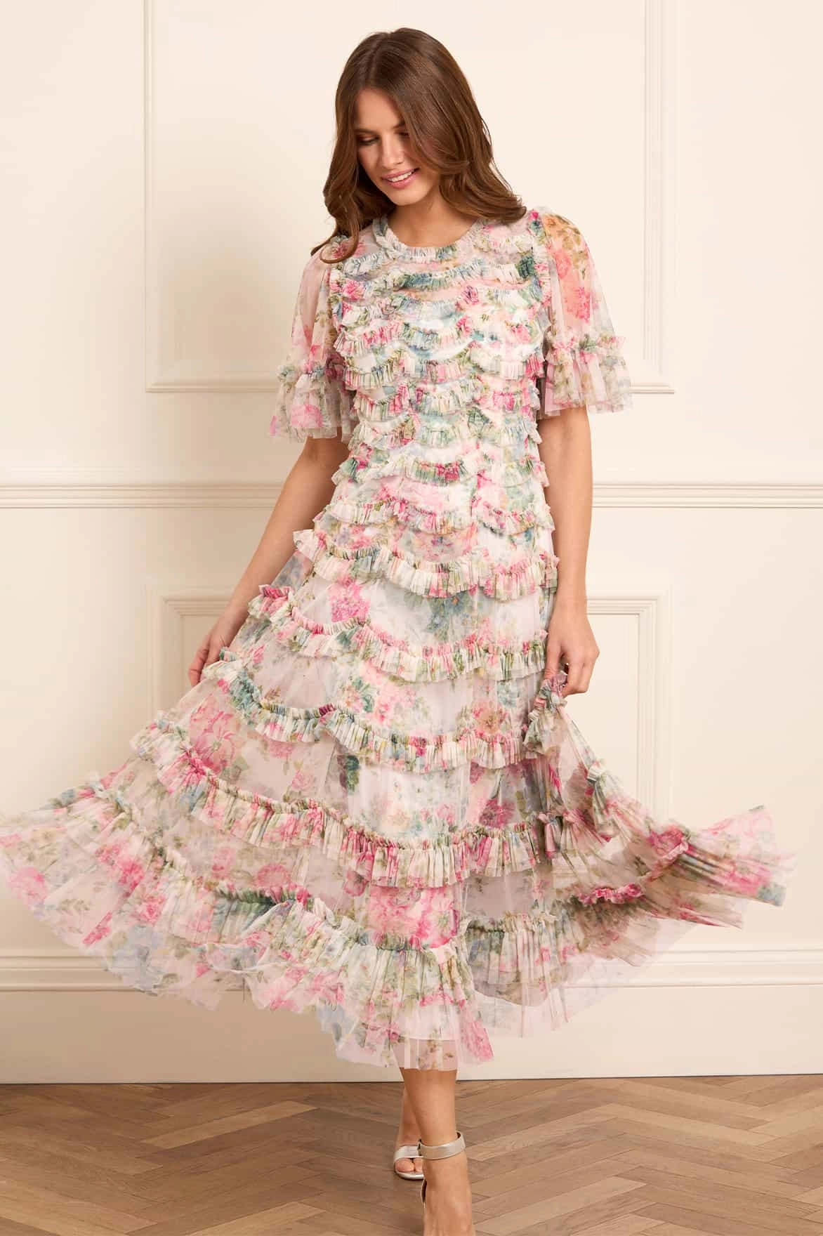 Floral Romance Round Neck Ballerina Dress Wide Swing Subtle Finish