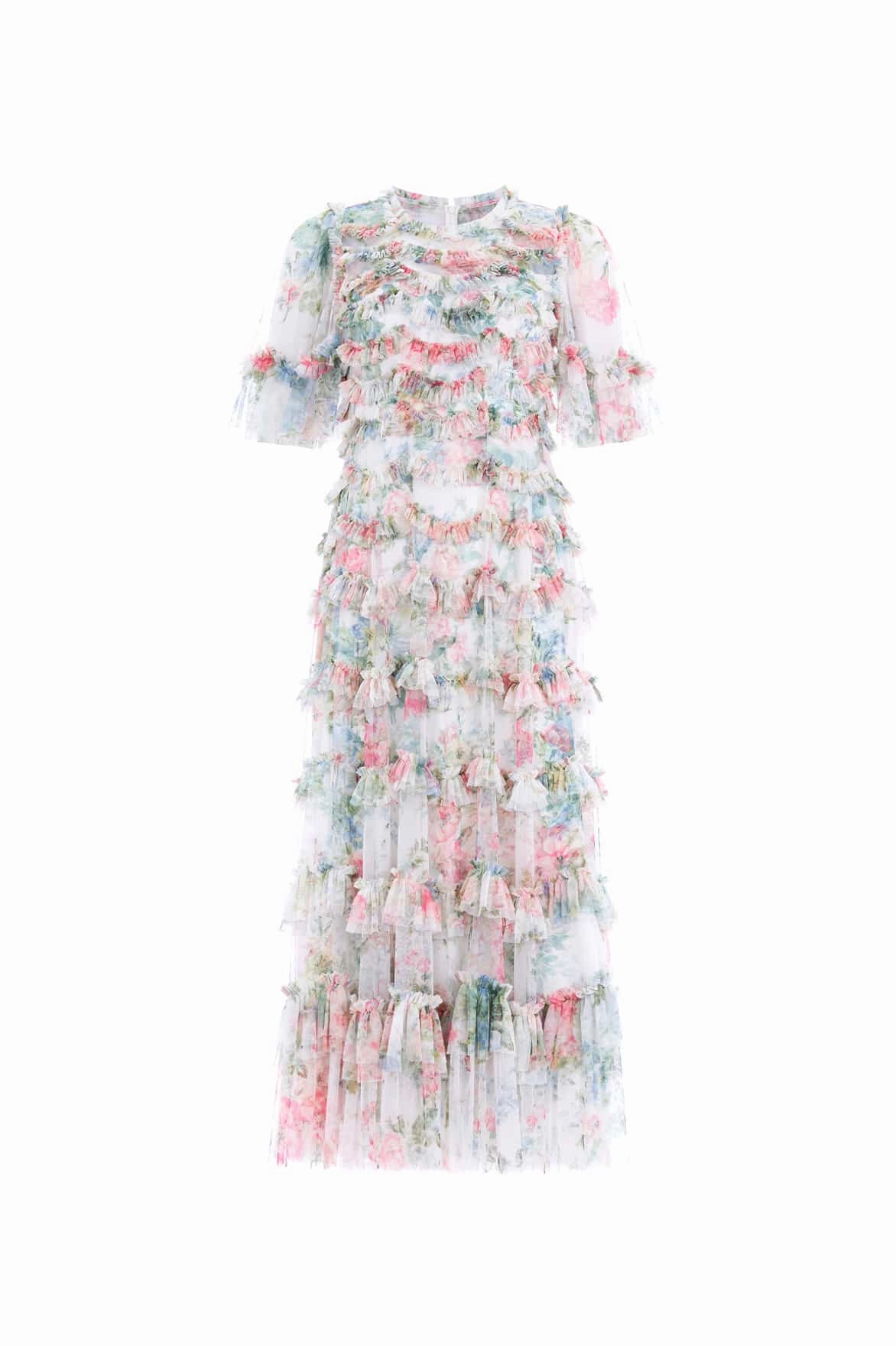 AntiFrayEdging Vibrant pattern Floral Romance Round Neck Ballerina Dress