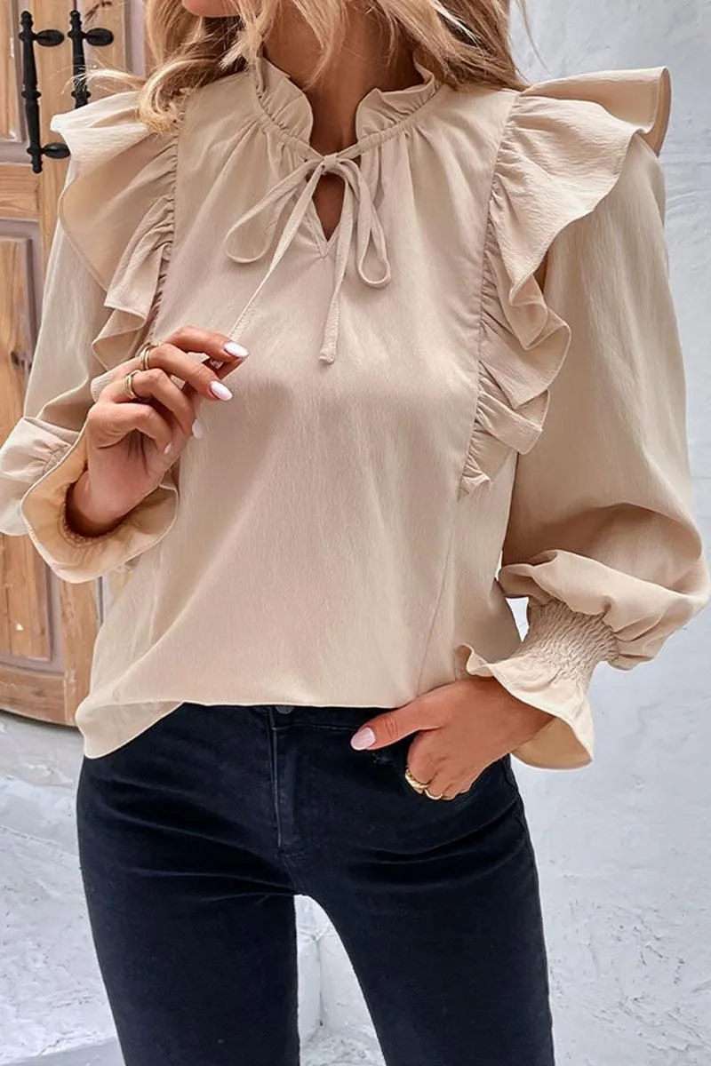TIED NECK FUNGUS SLEEVE SOLID BLOUSE ZeroWastePattern Classic Crew Neck