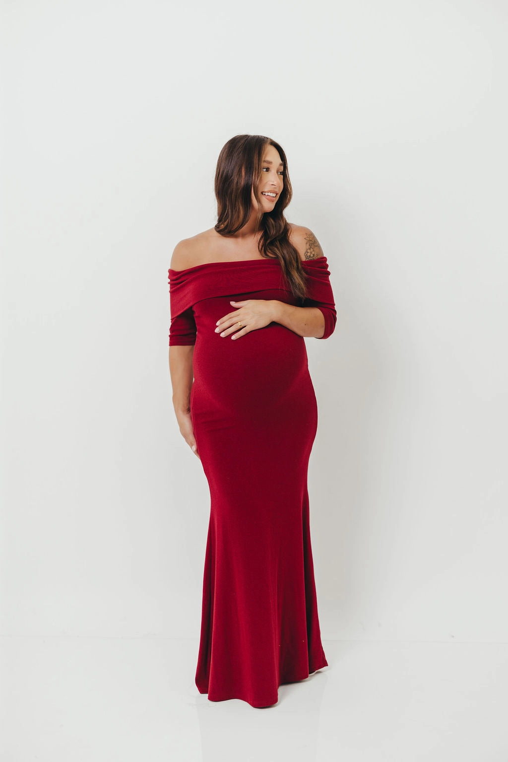 Monroe Half Sleeve Maxi Dress in Red - Bump Friendly Fold-Over-Detail Subtle Texture