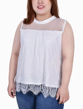 Sporty Cardigan Plus Size Sleeveless Mock Neck Lace Top