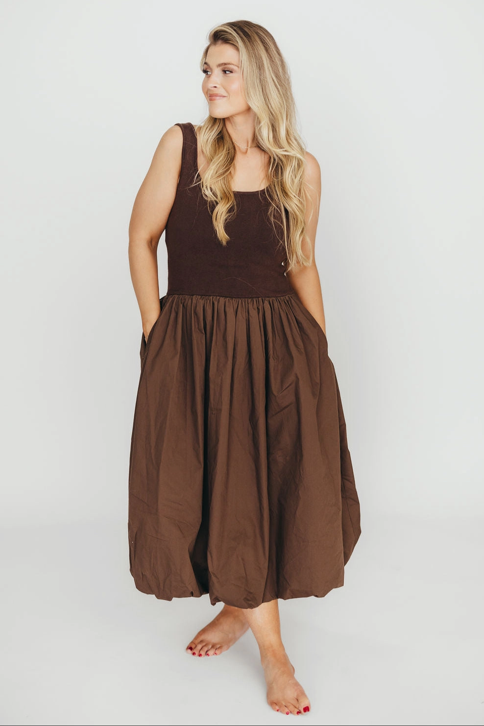 Betty Midi Dress in Brown *Final-Sale* Body Flow High-Low-Hem