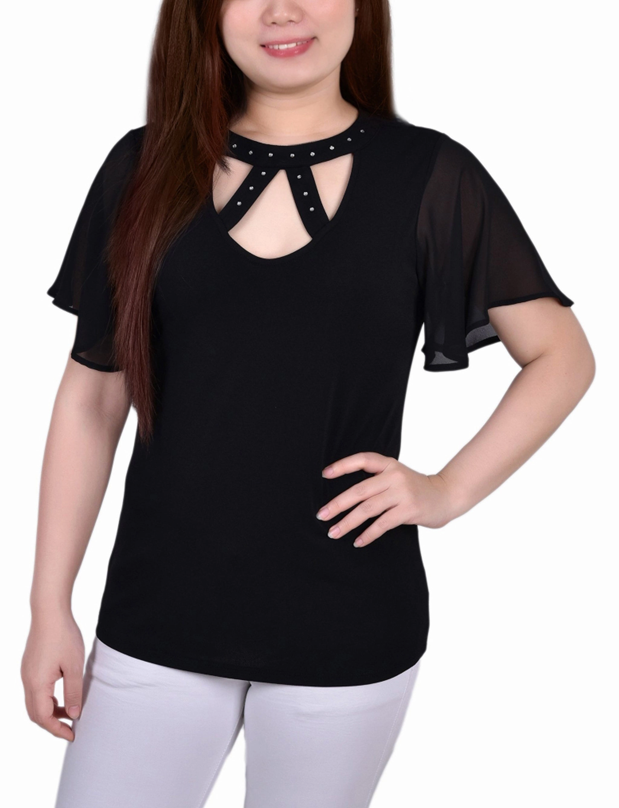 Short Flutter Sleeve Top With Rhinestone Studs Seamless Construction Design