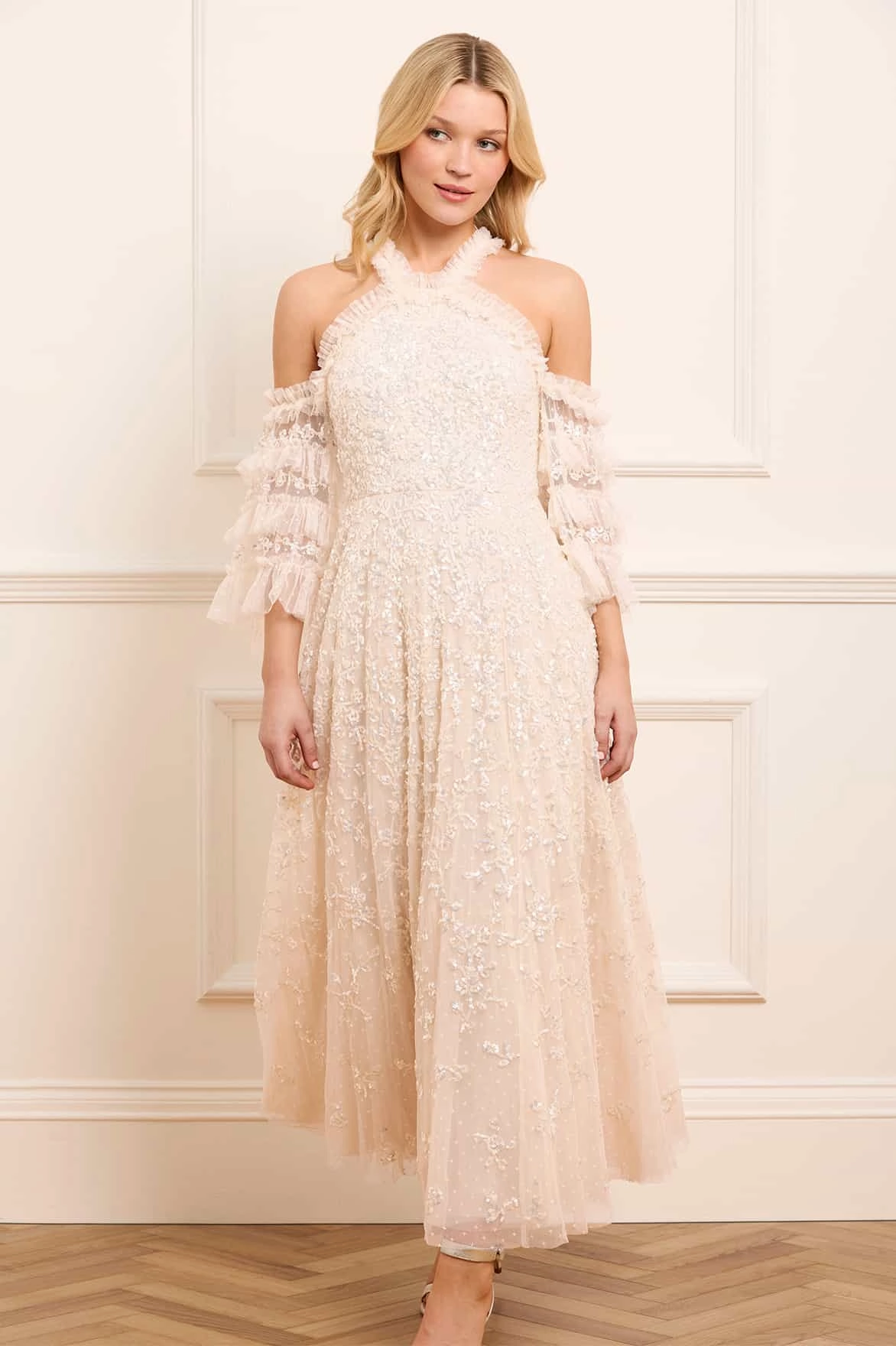 Chic Spirit Floral Lace Off-Shoulder Ankle Gown