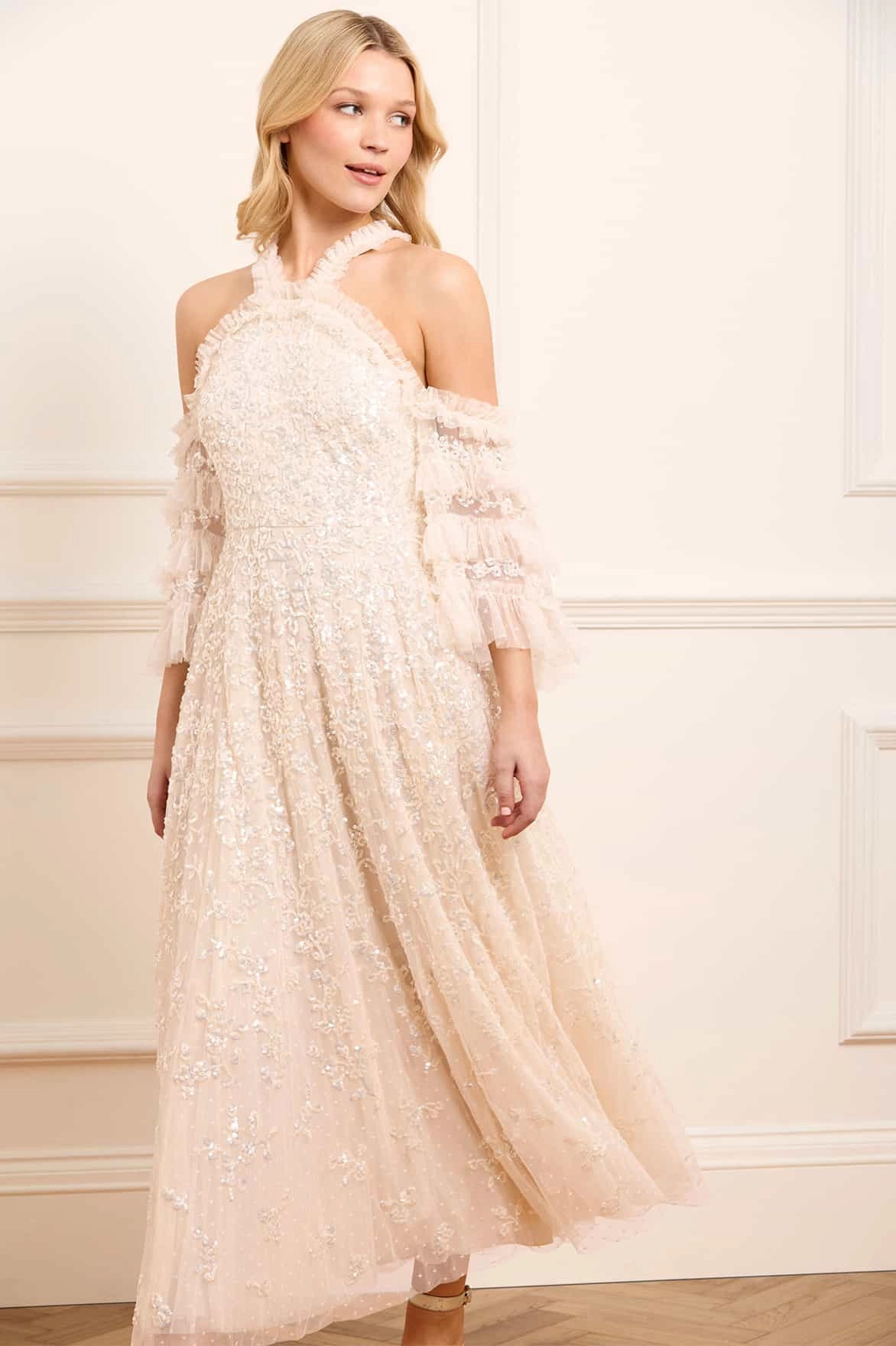 Fall Flow Floral Lace Off-Shoulder Ankle Gown