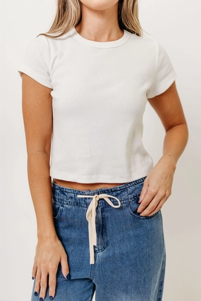 Wrinkle Resistant Finish Topanga 100% Cotton Everyday Fitted Crop Tee in Off-White