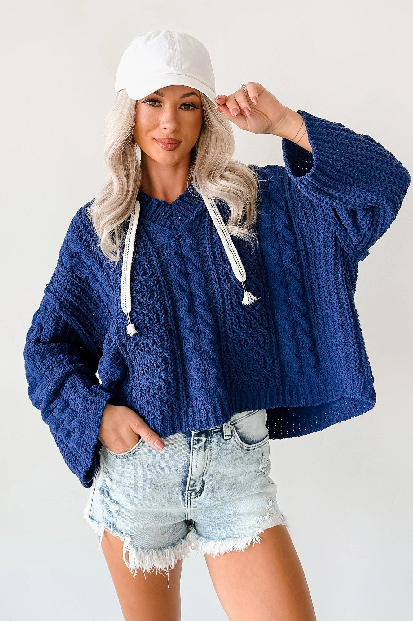 Total Ease Zenana Cable Knit Sweater Hoodie (Light Navy) Reverseble Design