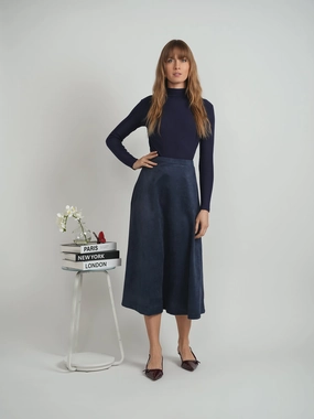 Retro Style Oops Dark Denim Suede A Line Midi Skirt WB3CM8614SM