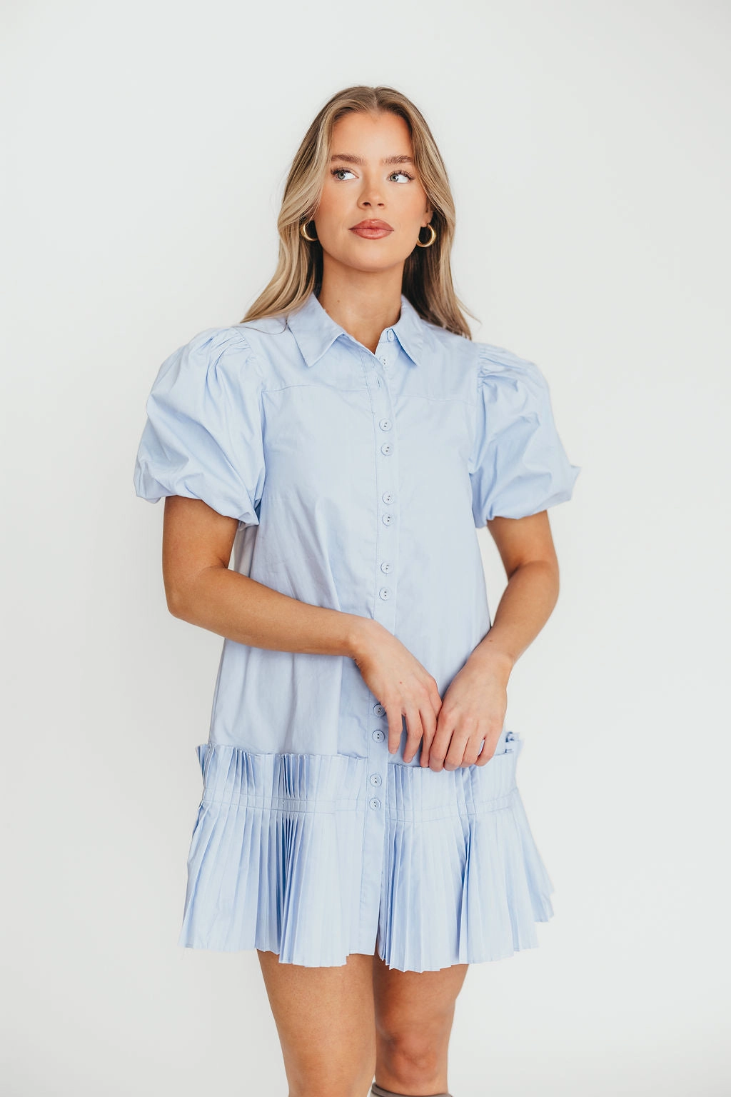 Autumn Mood tailored look Alicia Pleated Hem Mini Dress in Powder Blue *Final-Sale*