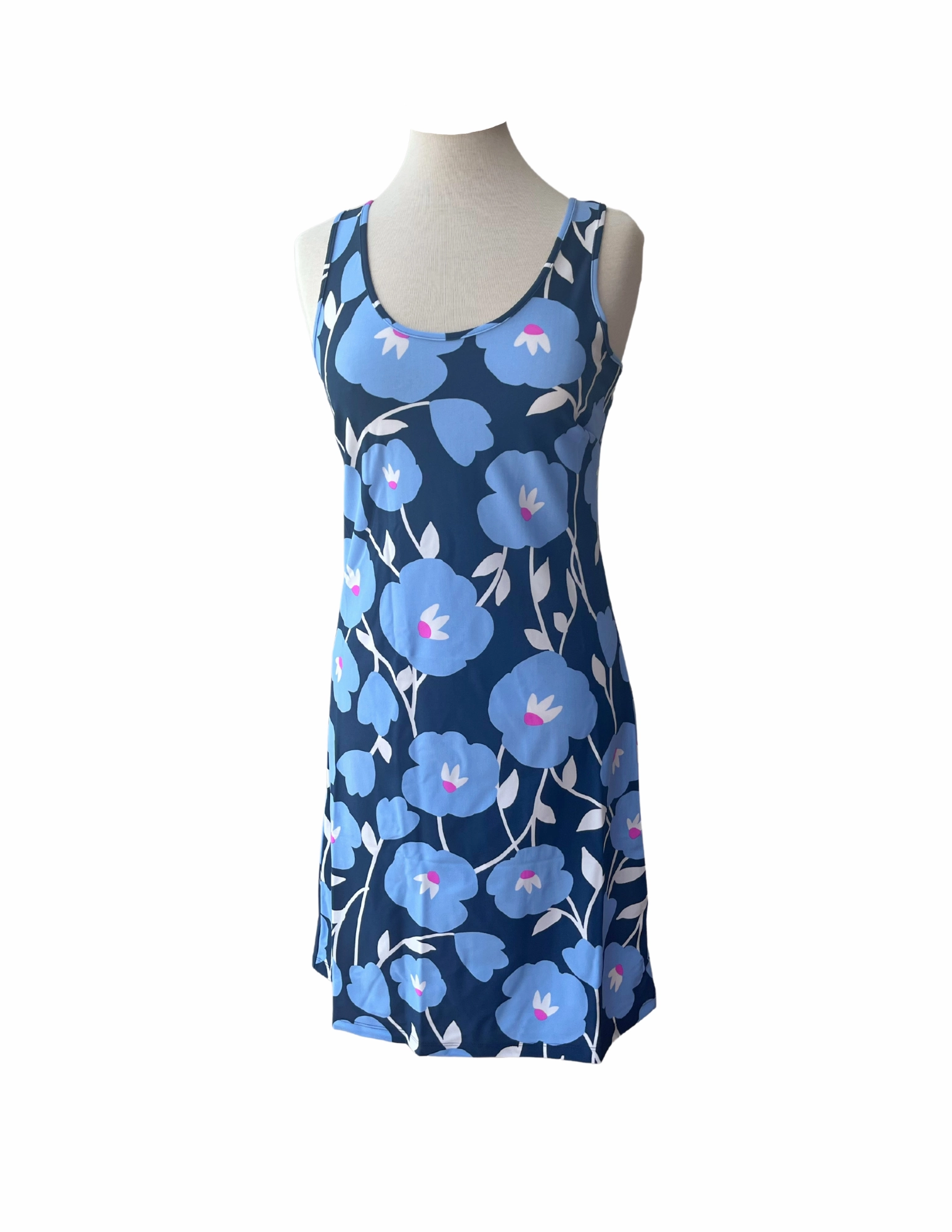 Long Bali Tank Dress Pop Art Flower Navy Linen-Blend