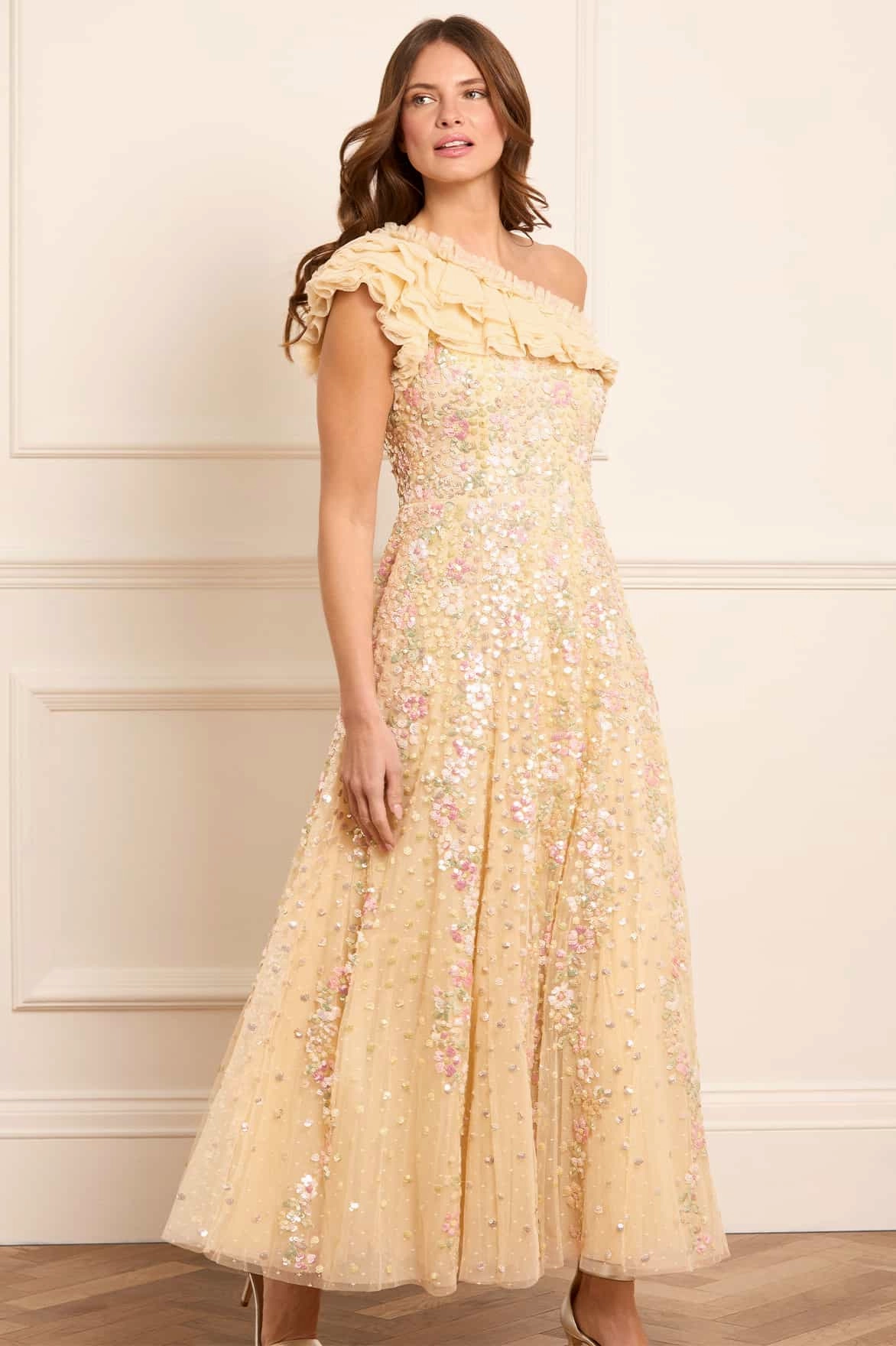 Travel Wear Airy Movement Confetti One-Shoulder Ankle Gown