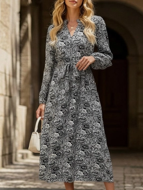 Printed elegant V-neck long-sleeved dress Refined Form