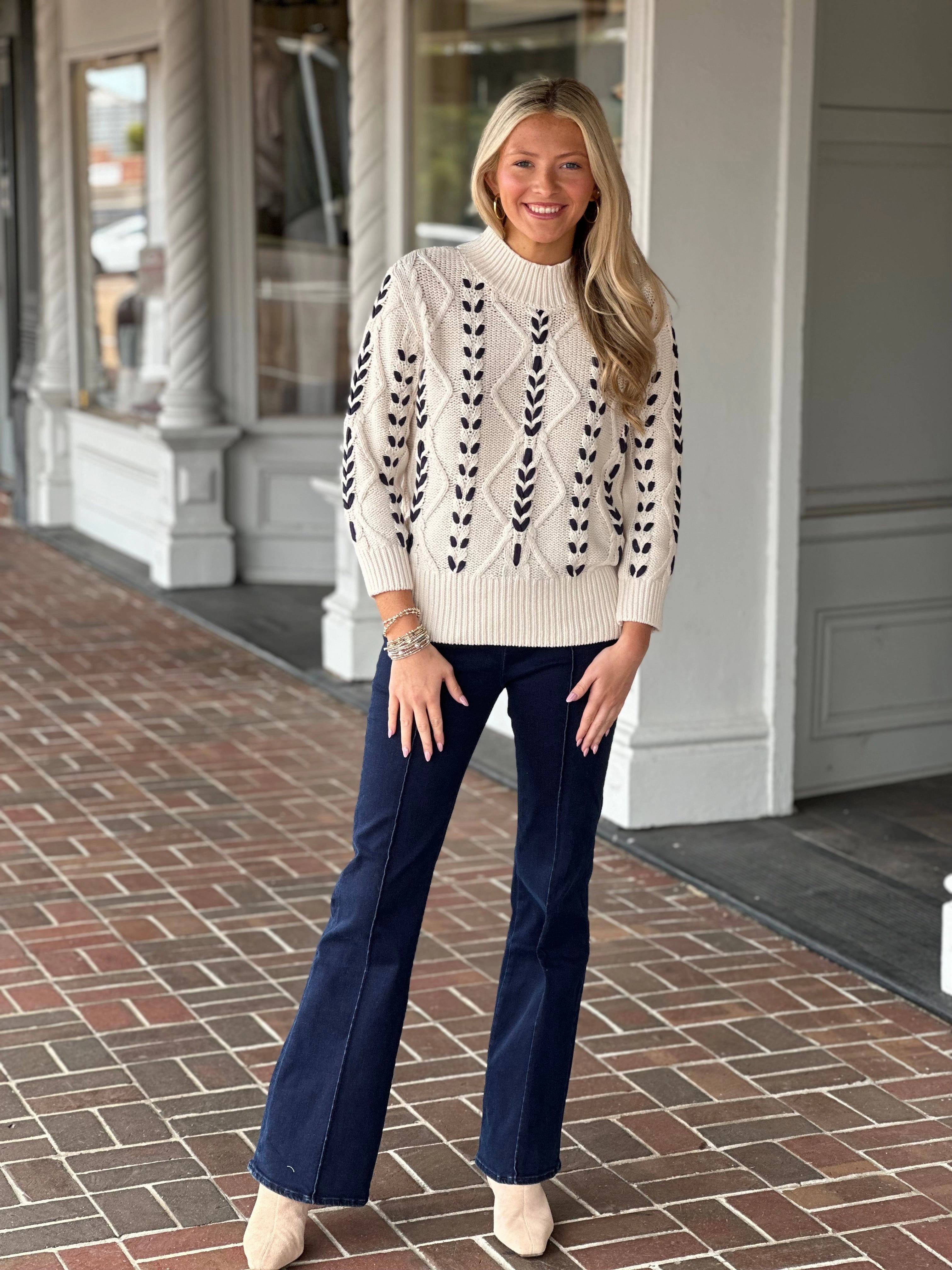 Formal Wear Tribal Cable-Knit 3/4 Sleeve Mock Neck Sweater in Moonstone