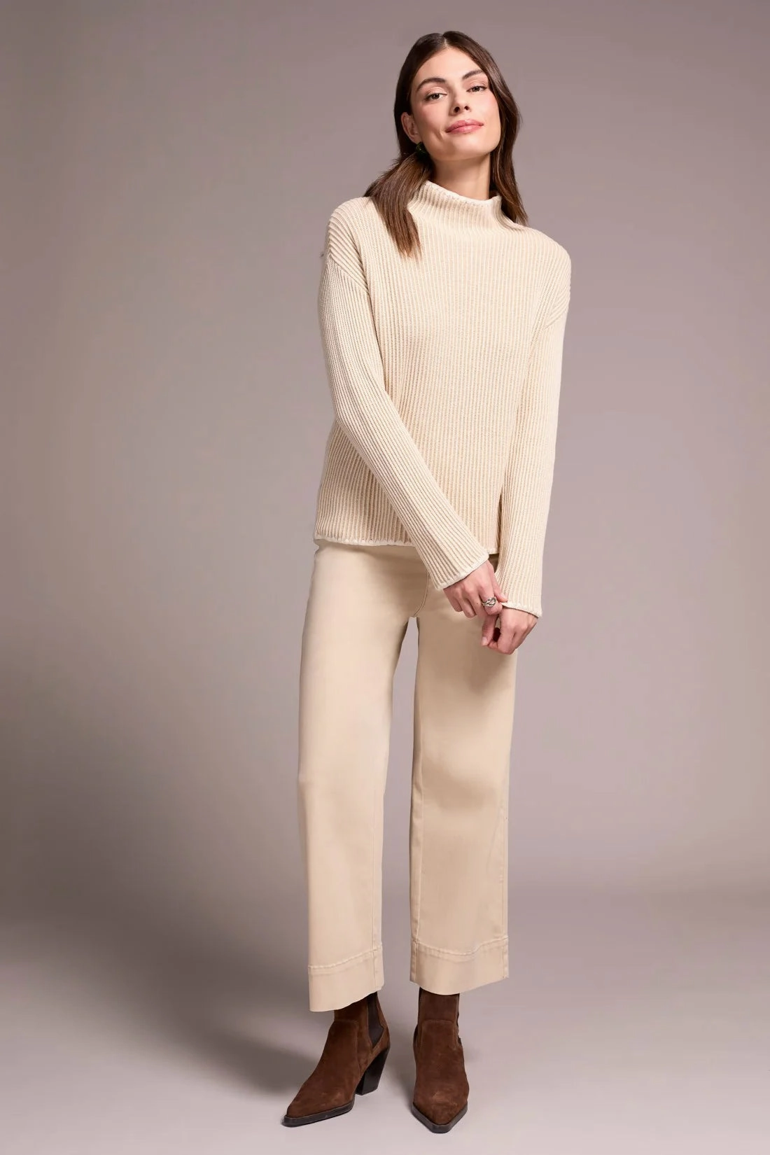 Tribal Combed Cotton Two-Tone Rib Funnel Neck Sweater in Moonstone Anti Pilling Finish