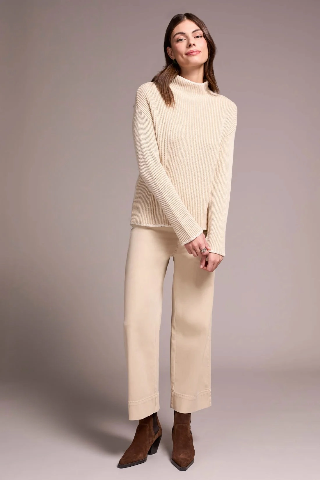 Tribal Combed Cotton Two-Tone Rib Funnel Neck Sweater in Moonstone Tear Resistant Fiber Blend Moisture Wicking Technology