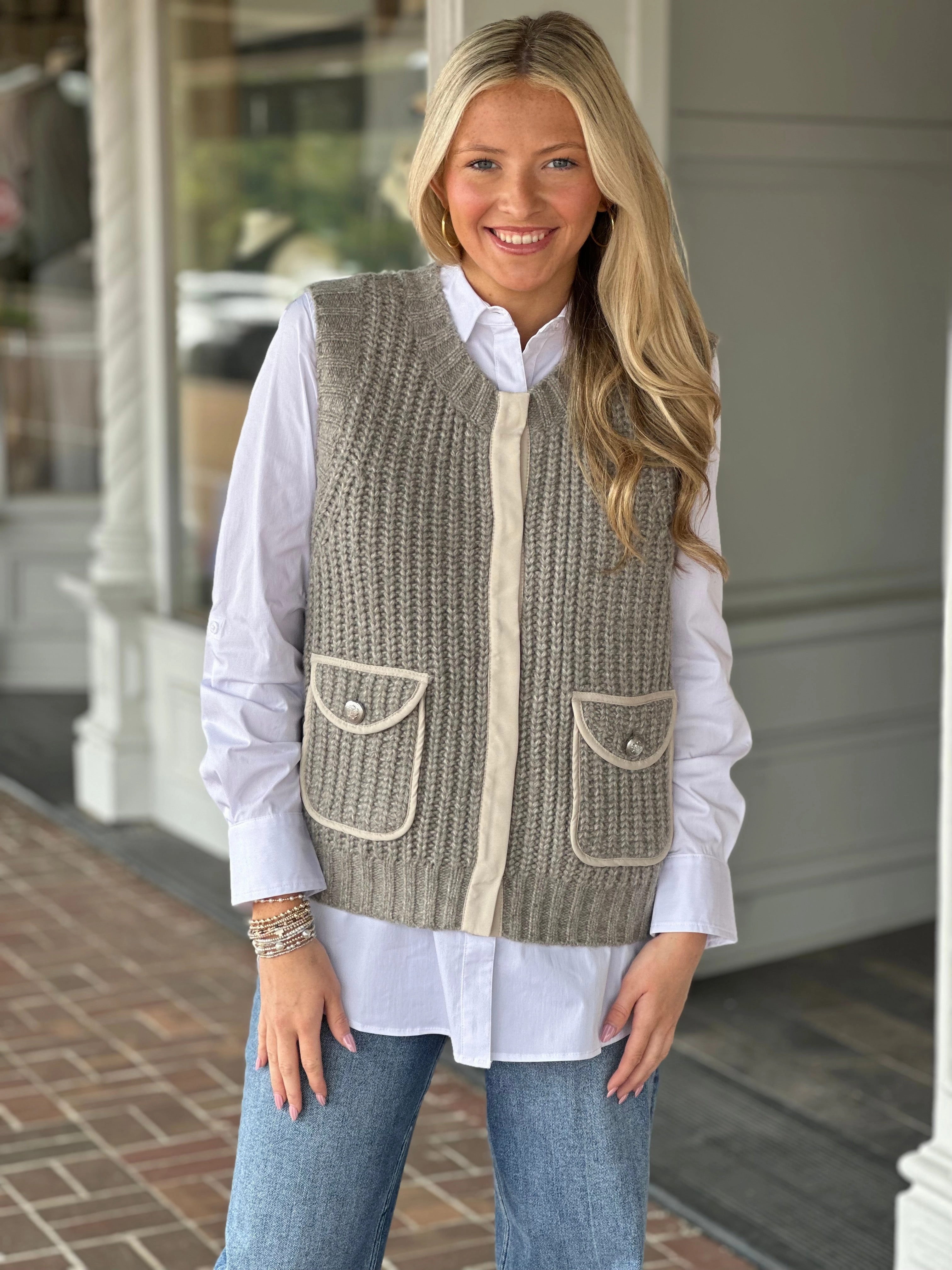 Snag Free Fabric Tribal Sleeveless Pocket  Sweater Vest in Sandstone
