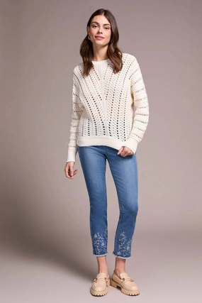 Tribal Textured Special Wash Crew Neck Sweater in Eggshell Placket Detailing