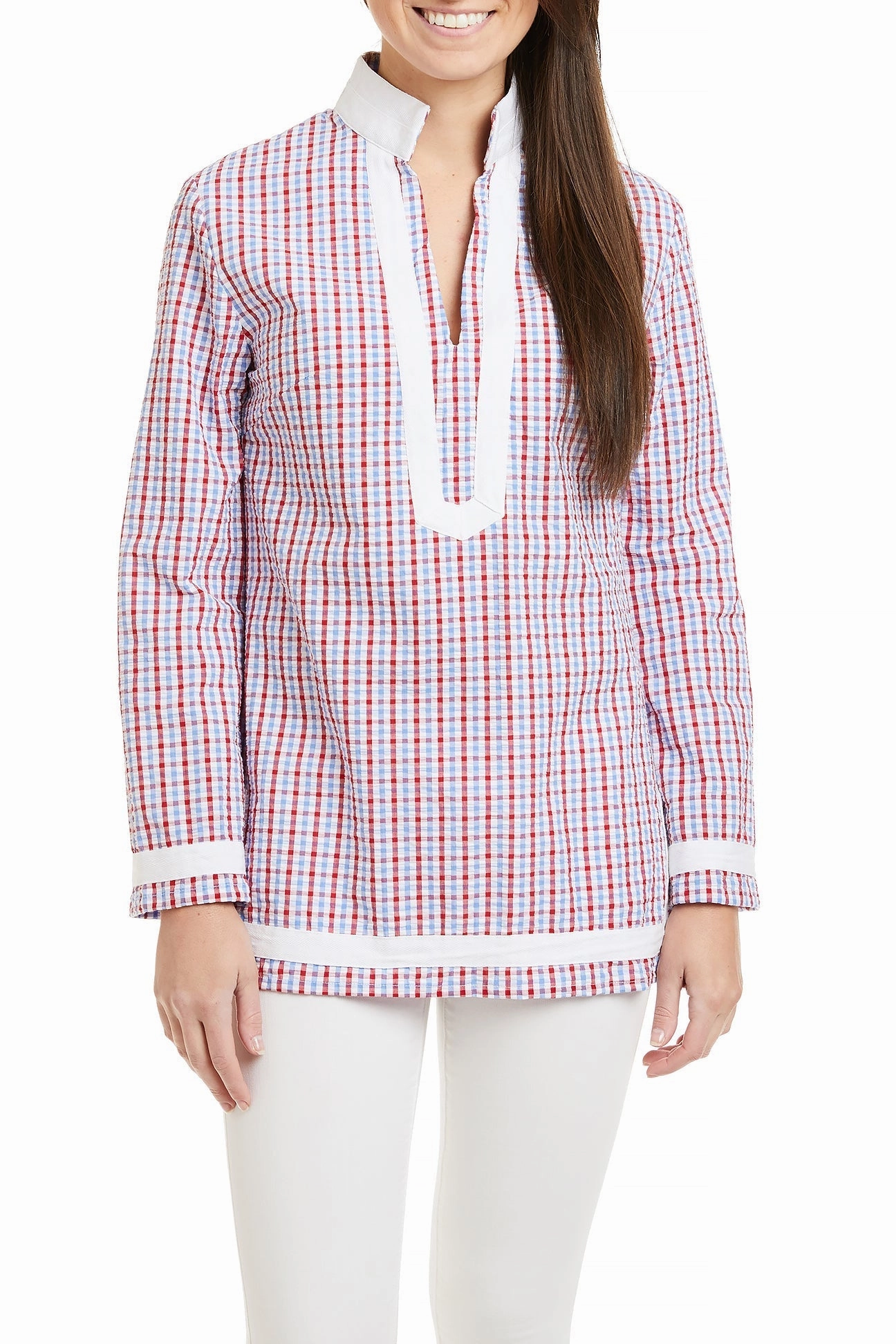 Buttery Soft Handfeel Airflow Ventilation Zones Tunic Top Red, White & Blue Seersucker Check with White Trim