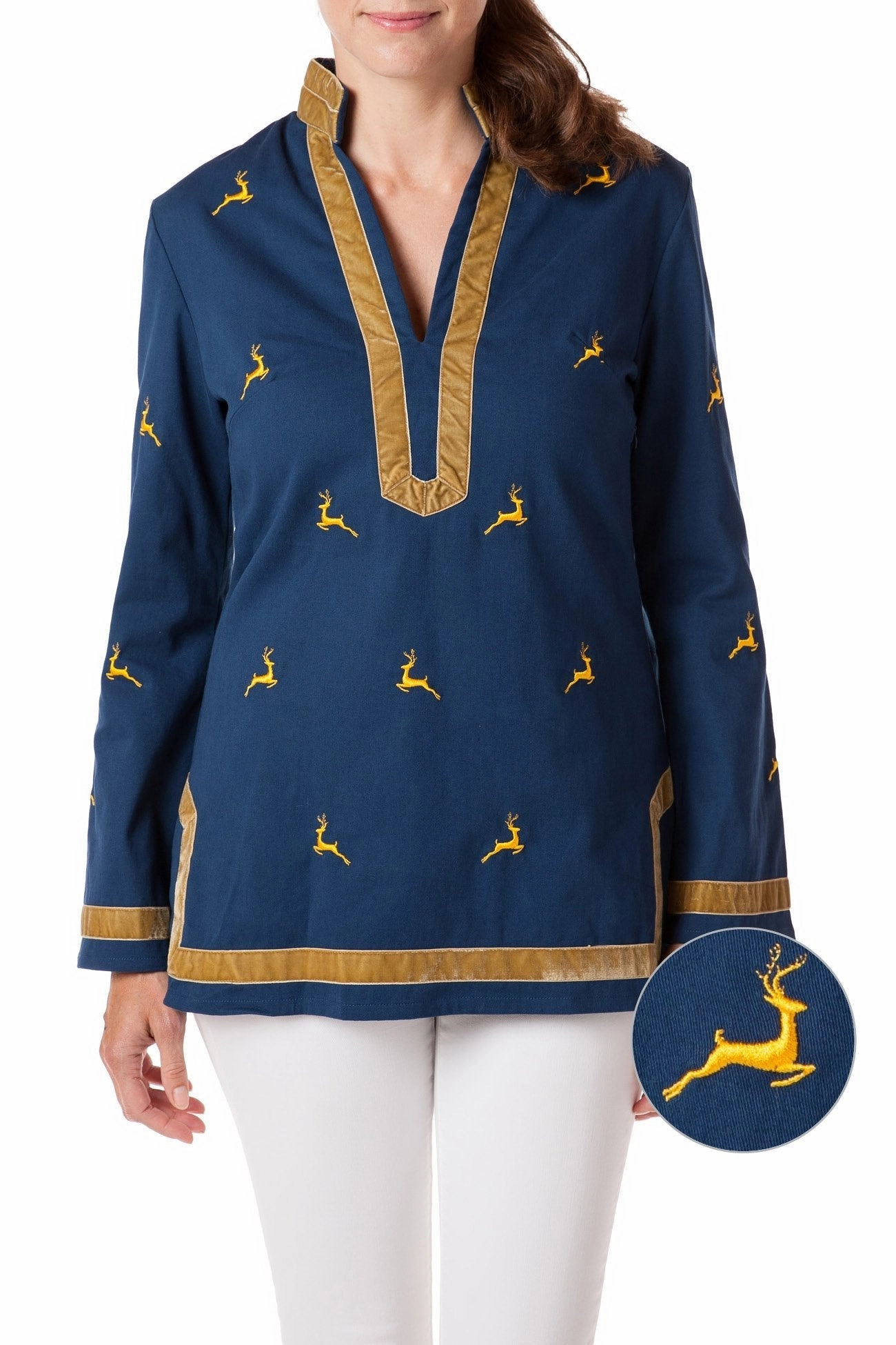 LatticeKnit Breathable Design Tunic Top Stretch Twill Nantucket Navy with Leaping Reindeer