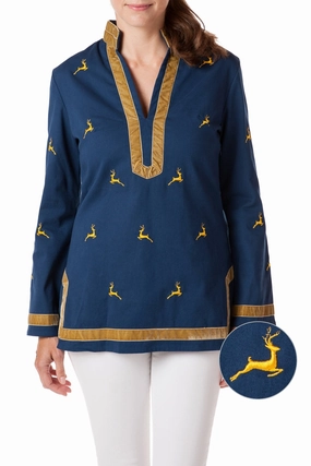 Durable Overlock Stitch VentedBack Tunic Top Stretch Twill Nantucket Navy with Leaping Reindeer