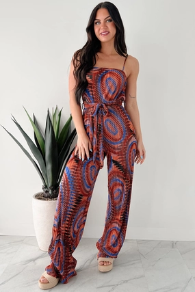 Turn Up The Volume Pleated Wide Leg Jumpsuit (Brick/Royal Blue) Sporty Design