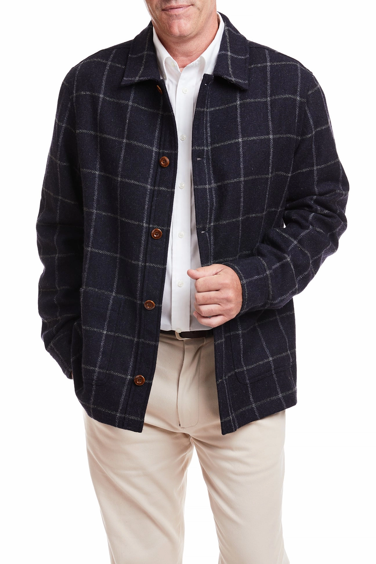 Relaxed Tank High Neckline Structure Tweedbank Milled Wool Jacket Dark Navy Windowpane