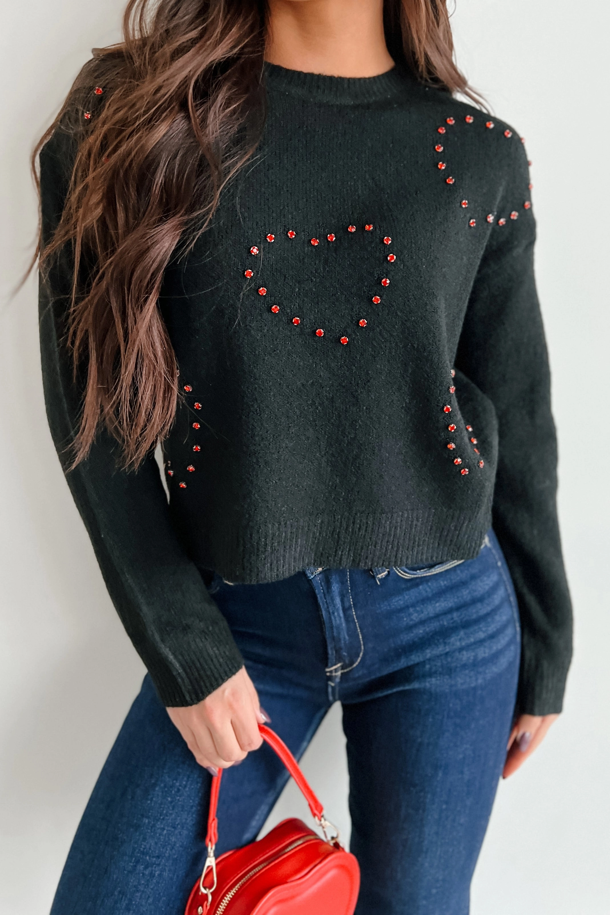 TaglessComfort AntiFade Treatment Loved You Forever Rhinestone Heart Sweater (Black)