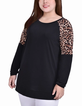 Eco Friendly Dye Double Needle Hemming Plus Size Long Raglan Sleeve Top With Animal Print Insets