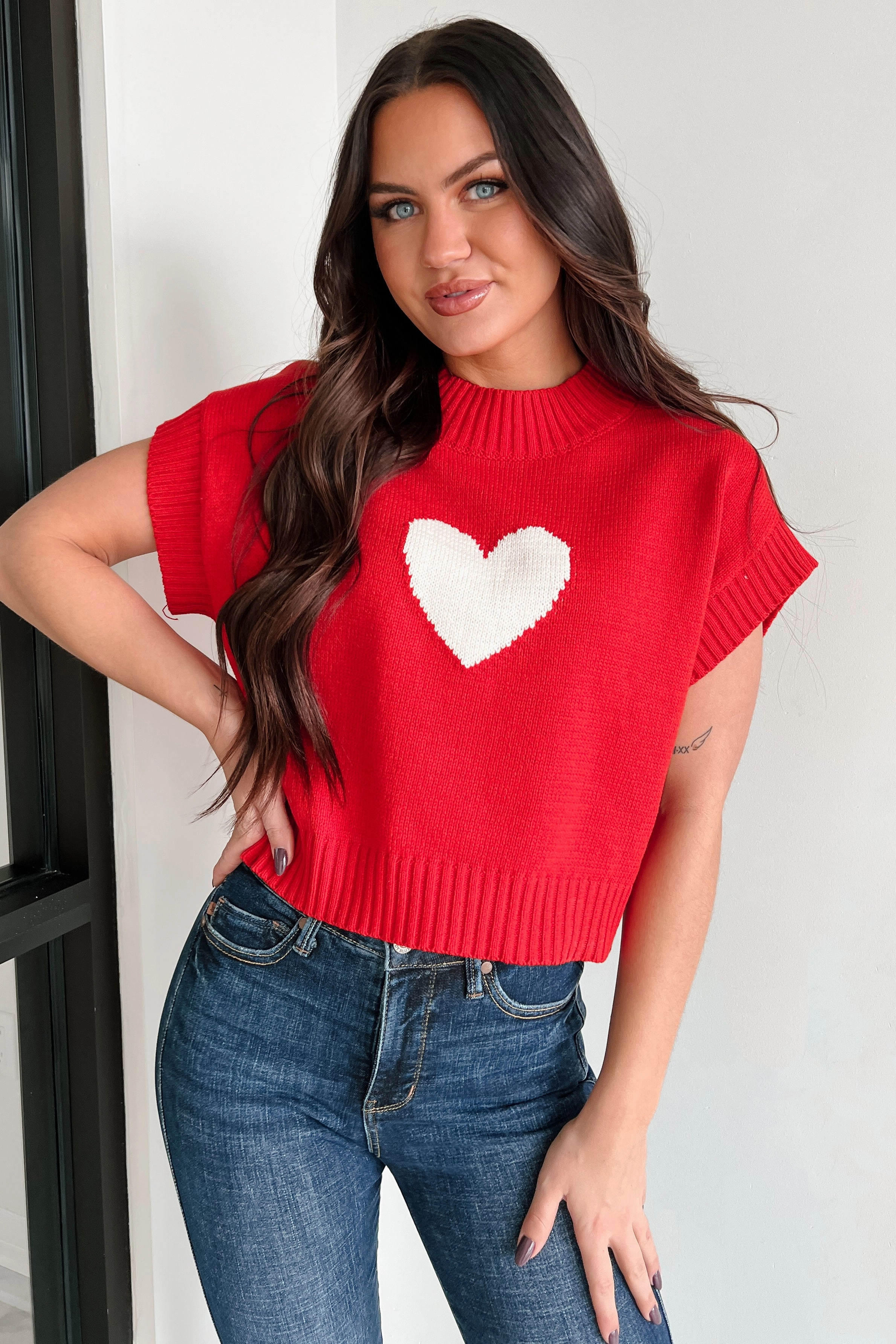 Stretchy Top Heartfelt Emotions Short Sleeve Sweater (Red/White)