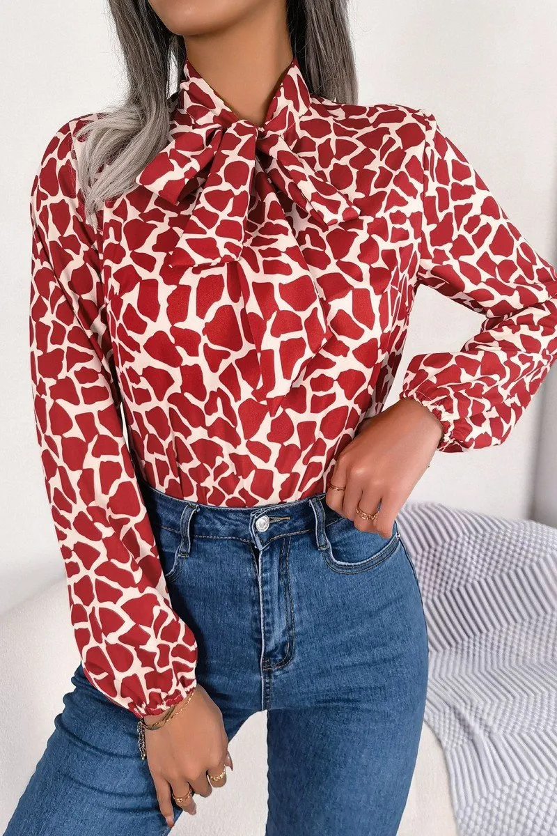 WOMEN LEOAPRD PATTERN TIED NECK OFFICE BLOUSE Ergonomic Shoulder Shape
