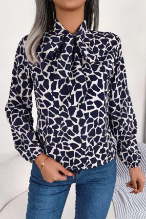 Odor Control Finish Airflow Mesh Lining WOMEN LEOAPRD PATTERN TIED NECK OFFICE BLOUSE