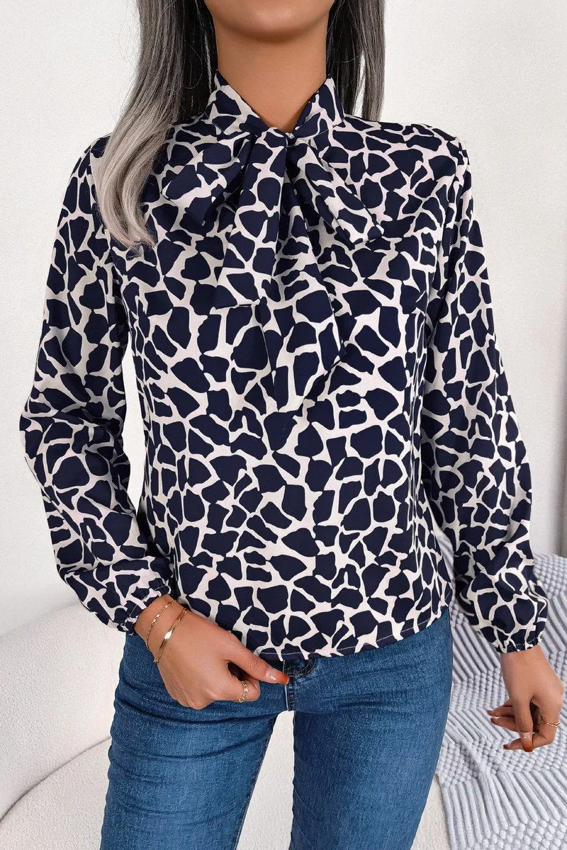 StretchableKnit Durable Fiber Blend WOMEN LEOAPRD PATTERN TIED NECK OFFICE BLOUSE