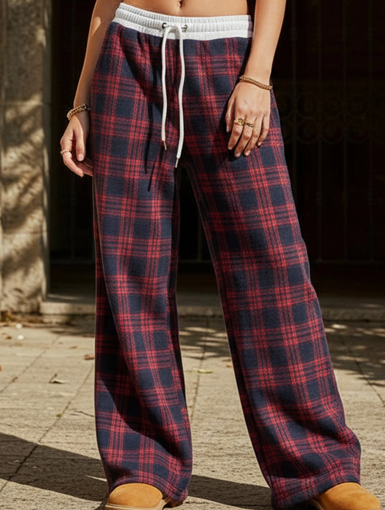 Plaid panel high waist sports straight pants windproof