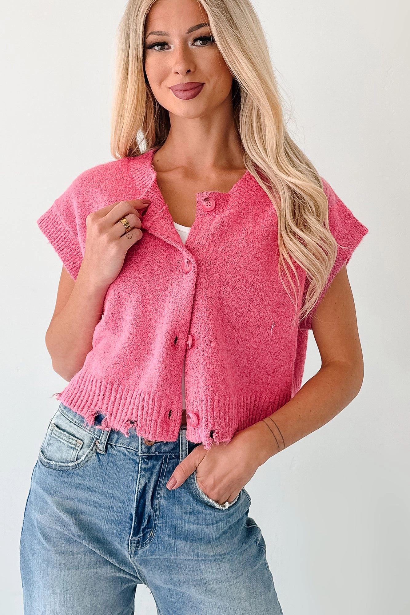 VersatileNeckline Undemanding Comfort Distressed Button-Up Sweater Vest (Pink)