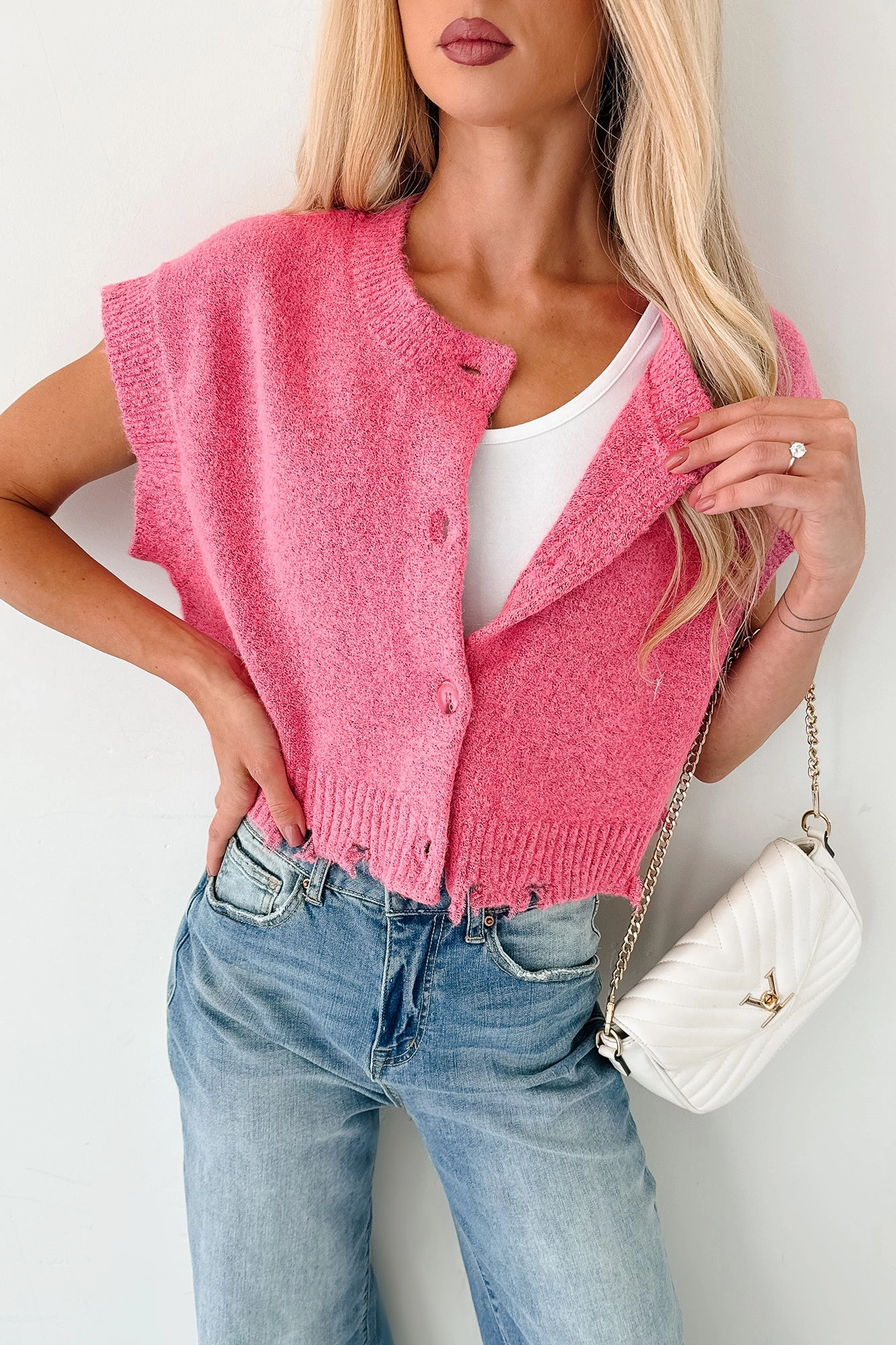 Ethically Sourced Material LayeringFriendly Weight Undemanding Comfort Distressed Button-Up Sweater Vest (Pink)