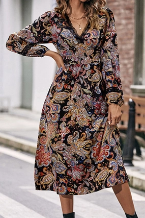 WOMEN LACE TRIM V NECK LONG SLEEVE BOHO DRESS Classic Grace Casual Essential