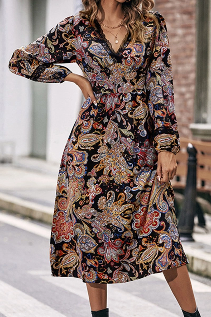 WOMEN LACE TRIM V NECK LONG SLEEVE BOHO DRESS Fresh Fit Light and Comfortable