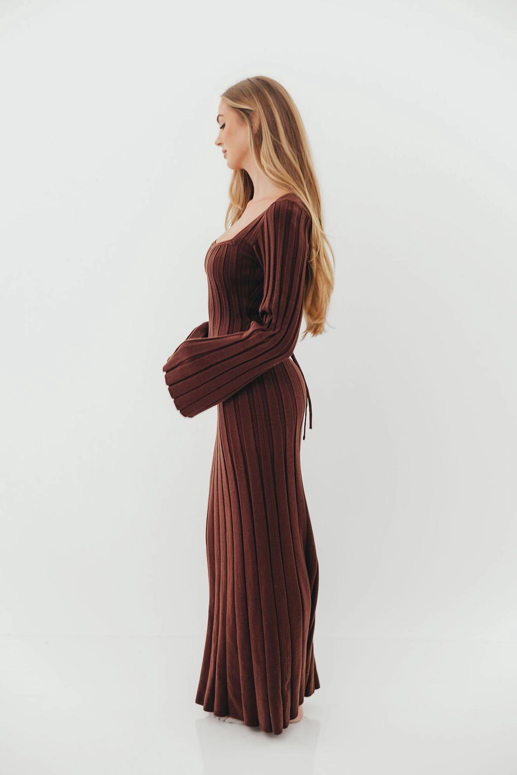 Rowan Square Neck Maxi Dress in Brown Sleek long-sleeve dress