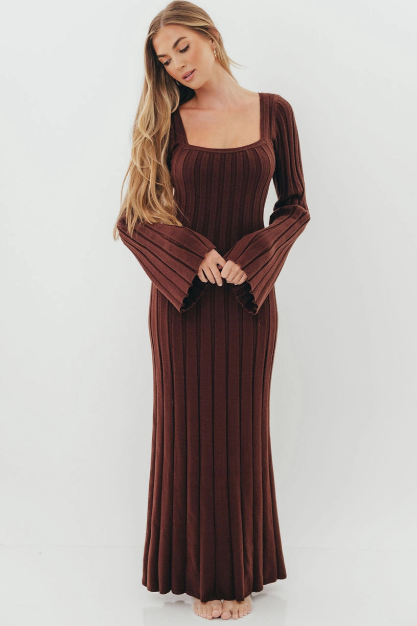 Rowan Square Neck Maxi Dress in Brown Effortless Comfort Raw-Hem