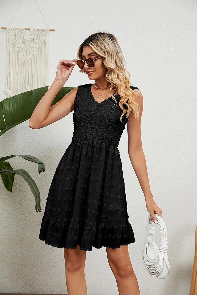 V NECK JACQUARD WEAVE SLEEVELESS DRESS Understated Charm